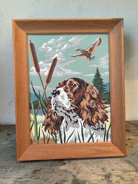 Vintage 1958 Signed Paint By Numbers Framed Artwork - Hunting Dog & Duck Scene I